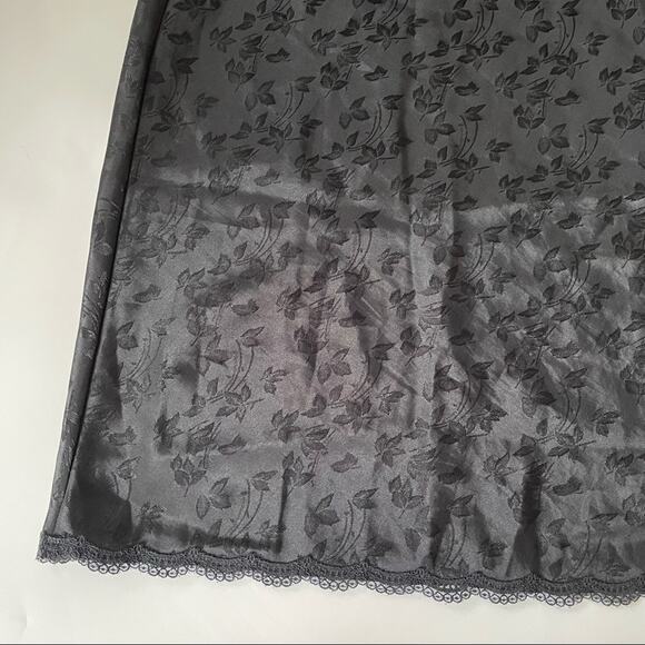 Vintage 1970s Barbizon Slip Dress Midi Lace Trim Floral Vines Black L EUC - Picture 9 of 13